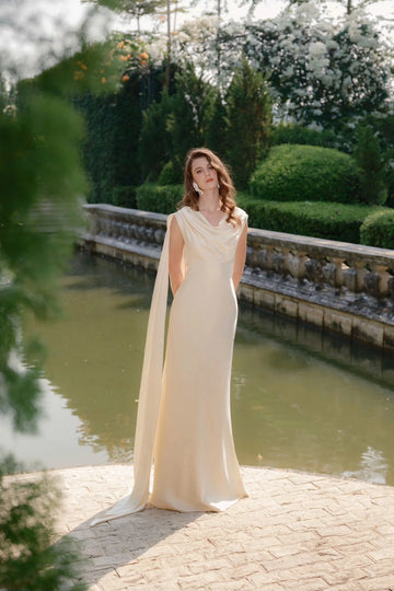 Luxury Sheath Cowl Sleeveless Open Back Floor‑Length Wedding Dress