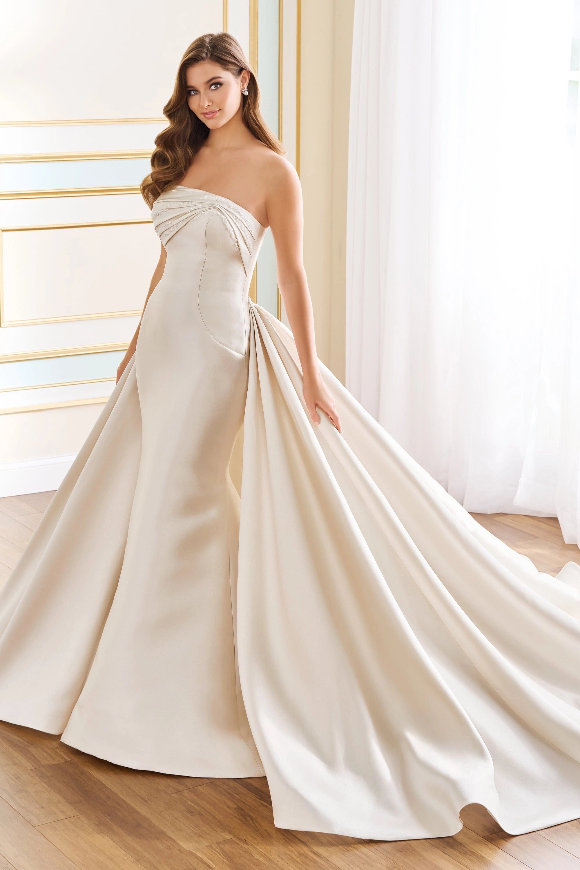 Vedress champagne satin convertible wedding dress strapless ruched bodice detachable overskirt mermaid gown with train for two-look wedding reception