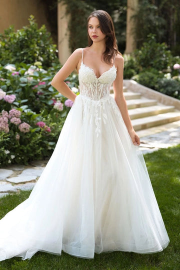 Ethereal A-Line V Neck Spaghetti Strap Sheer Corset Low Back Train Wedding Dress