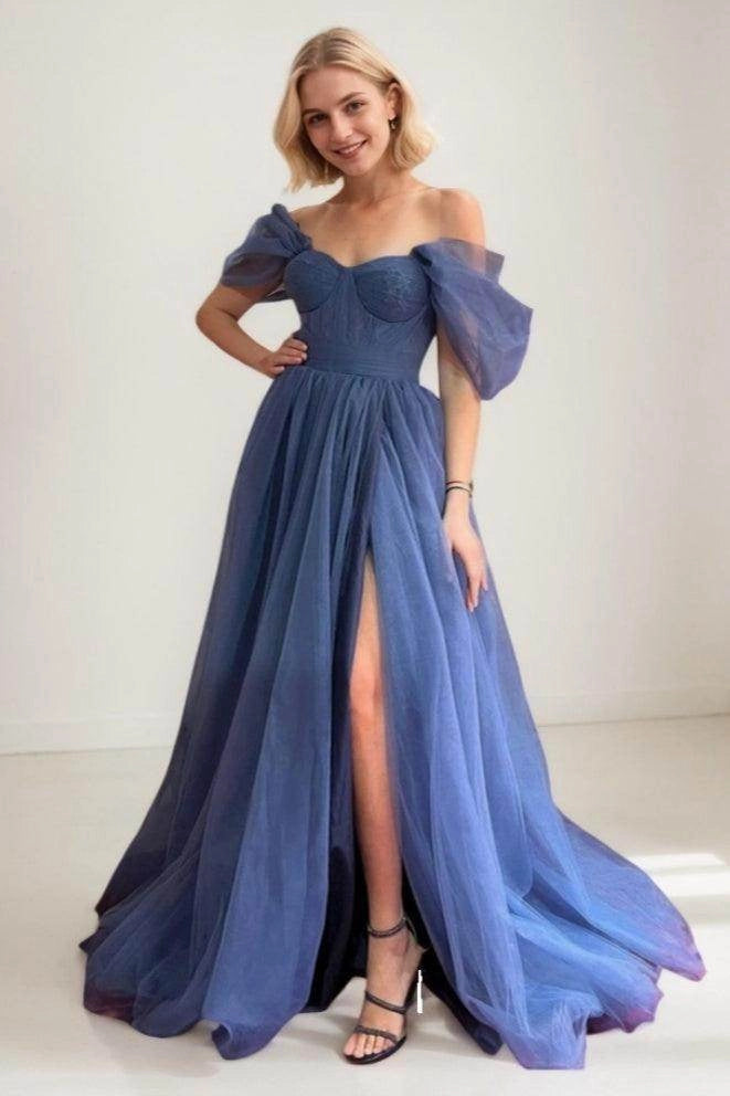 Vedress dusty blue off the shoulder puff sleeve tulle long prom dress with high front slit