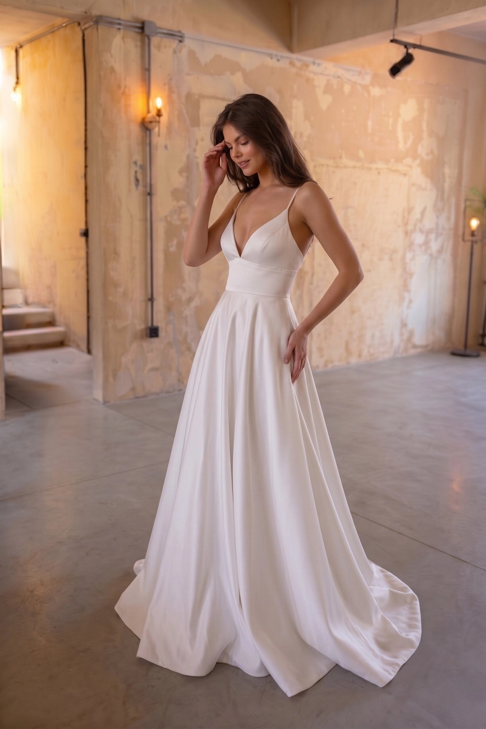 Luxury A-Line Deep V Spaghetti Strap Open Back Sweep Train Bridal Wedding Dress