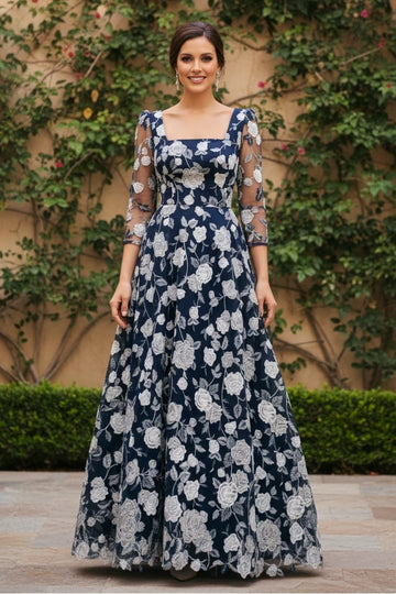 Elegant A-Line Square Neck 3/4 Sleeve Floral Floor Length Wedding Guest Dress