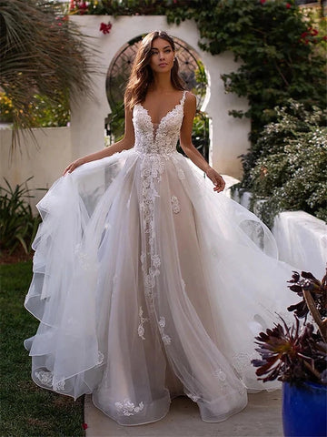 Lace Floral A-Line Deep V Spaghetti Strap Plunge Back Ruffle Train Wedding Gown