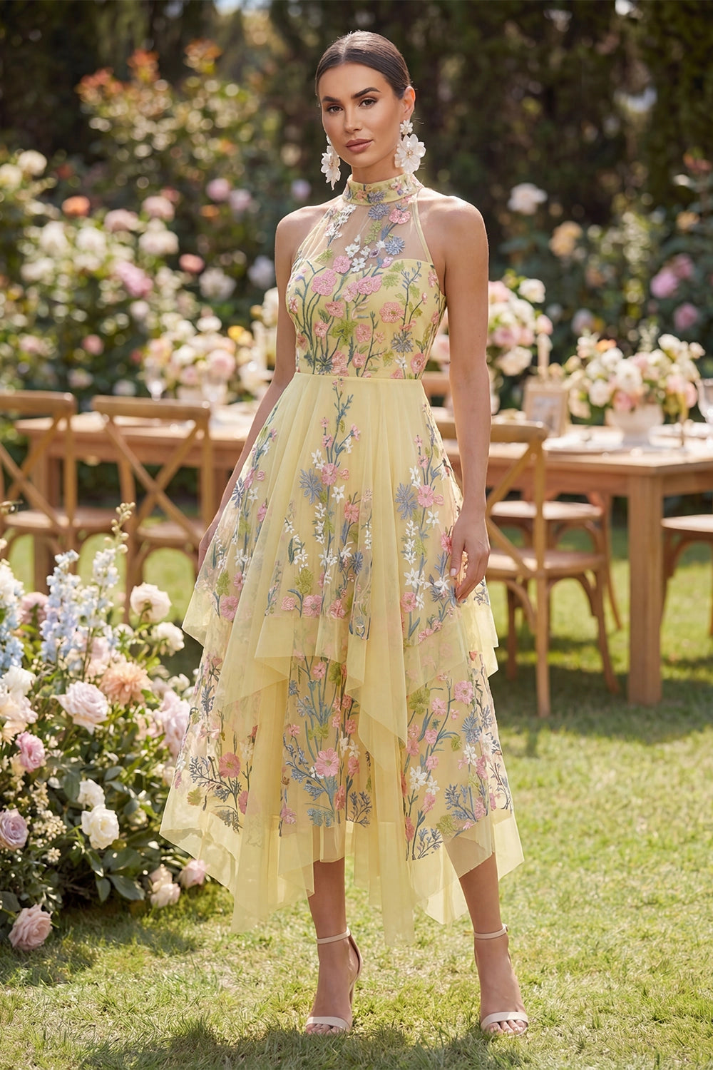 Yellow Floral Midi Halter Keyhole Back High Low Prom Dress