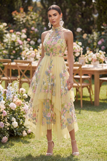 Yellow Floral Midi Halter Keyhole Back High Low Prom Dress
