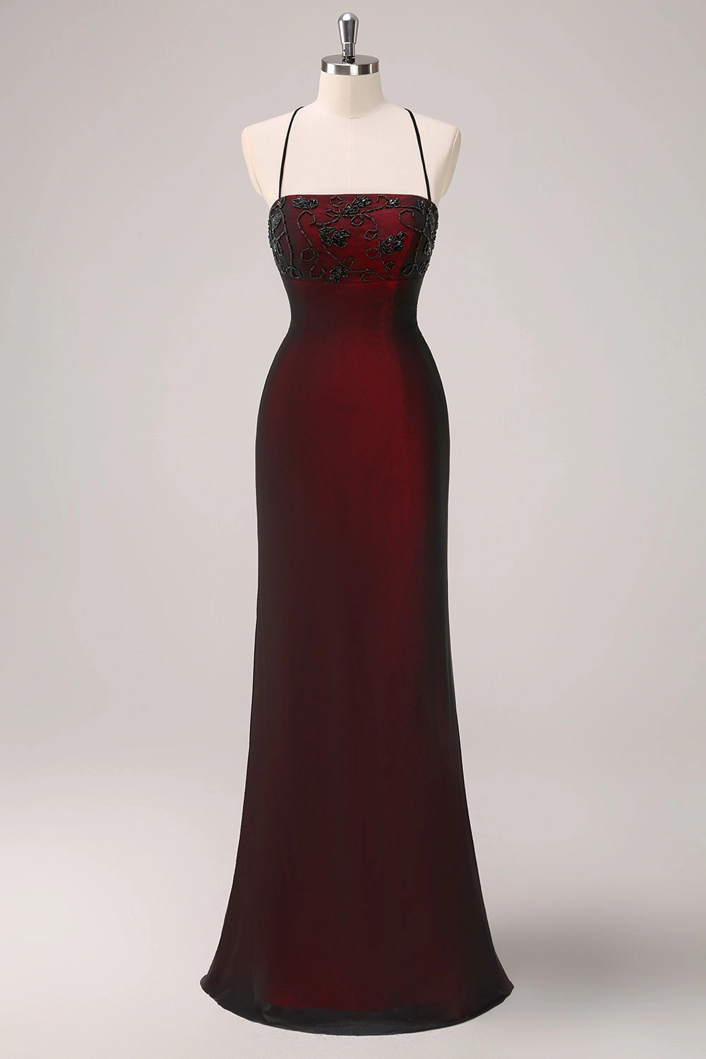 Vedress burgundy beaded spaghetti straps mermaid long wedding guest dress mannequin shot