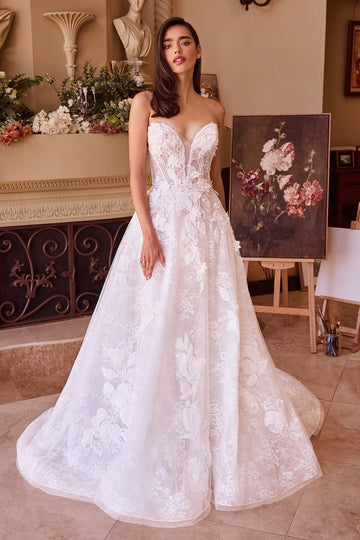 Vedress strapless lace a-line wedding dress, sweetheart illusion neck bridal gown with cathedral train, front view