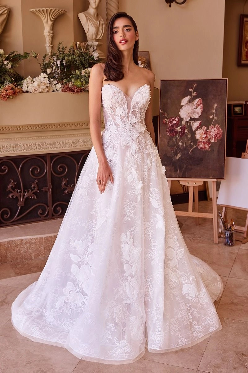 Vedress strapless lace a-line wedding dress, sweetheart illusion neck bridal gown with cathedral train, front view