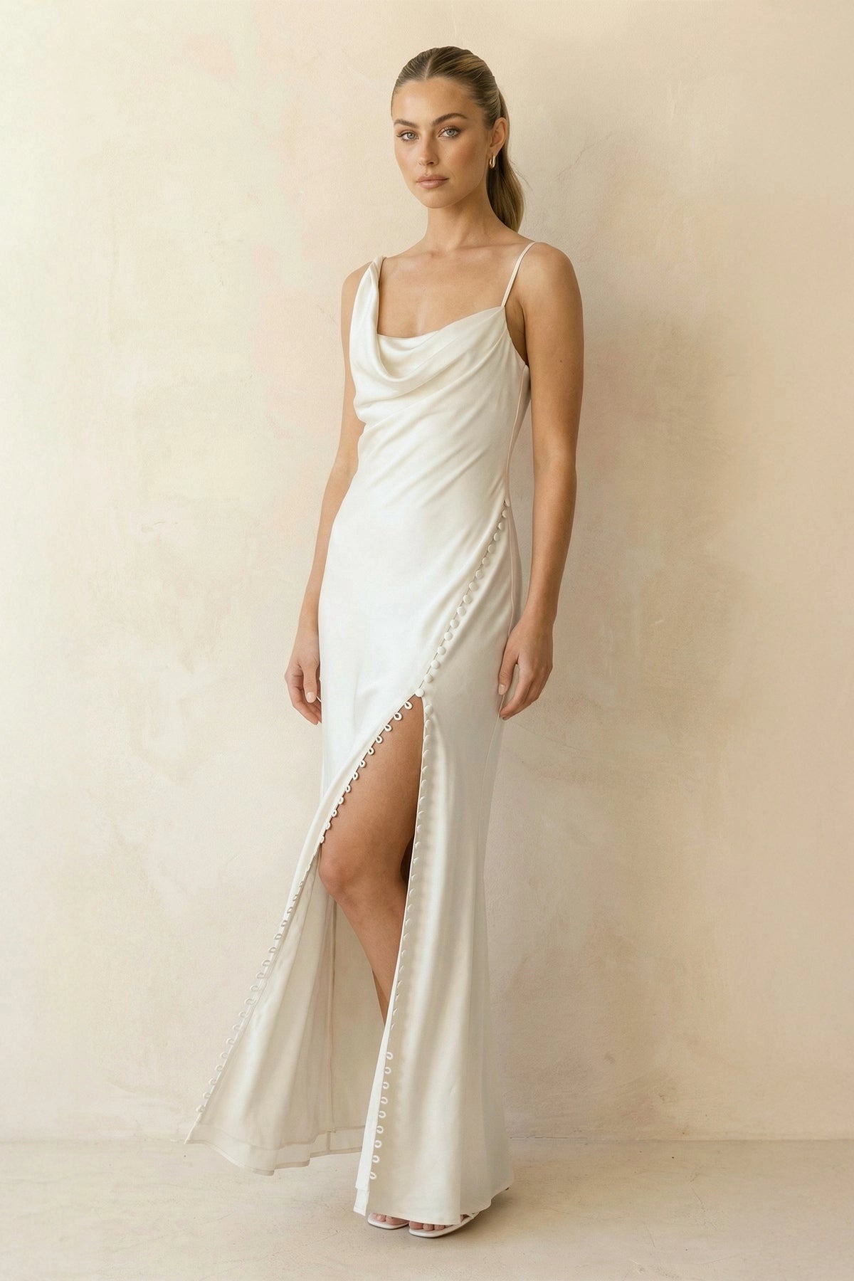 Vedress luxury white satin cowl neck sleeveless mermaid maxi bridesmaid dress with side slit buttons for wedding party
