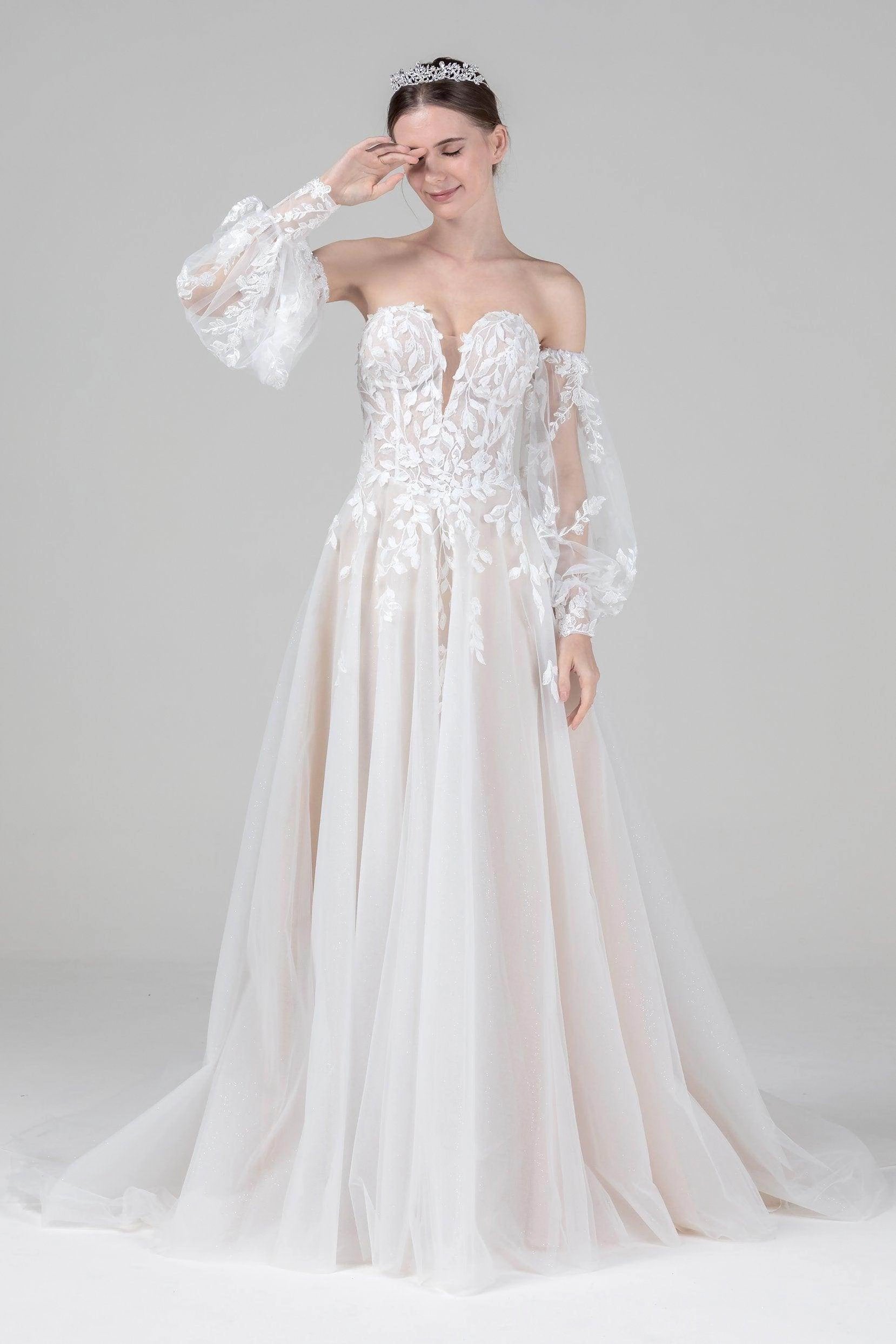 Vedress soft dreamy off shoulder puff sleeve lace a line wedding dress glitter tulle chapel train for garden elopement bride