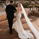 Chic Sexy Mermaid Spaghetti Strap Off Shoulder Sheer Lace Low Back Sweep Train Bridal Wedding Dress