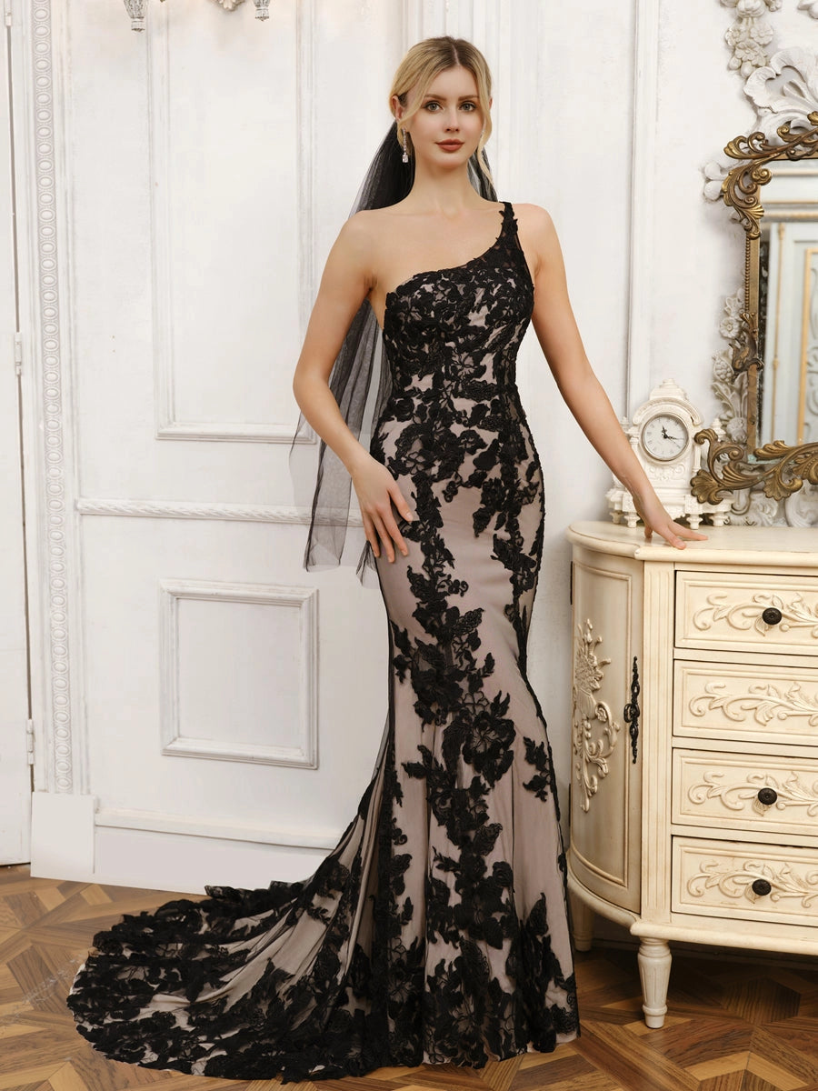 Gorgeous Mermaid One Shoulder Sleeveless Low Back Sweep Train Wedding Dress