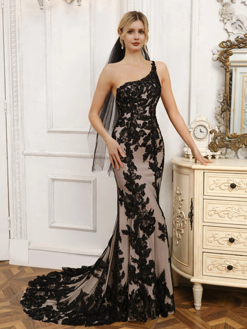 Gorgeous Mermaid One Shoulder Sleeveless Low Back Sweep Train Wedding Dress