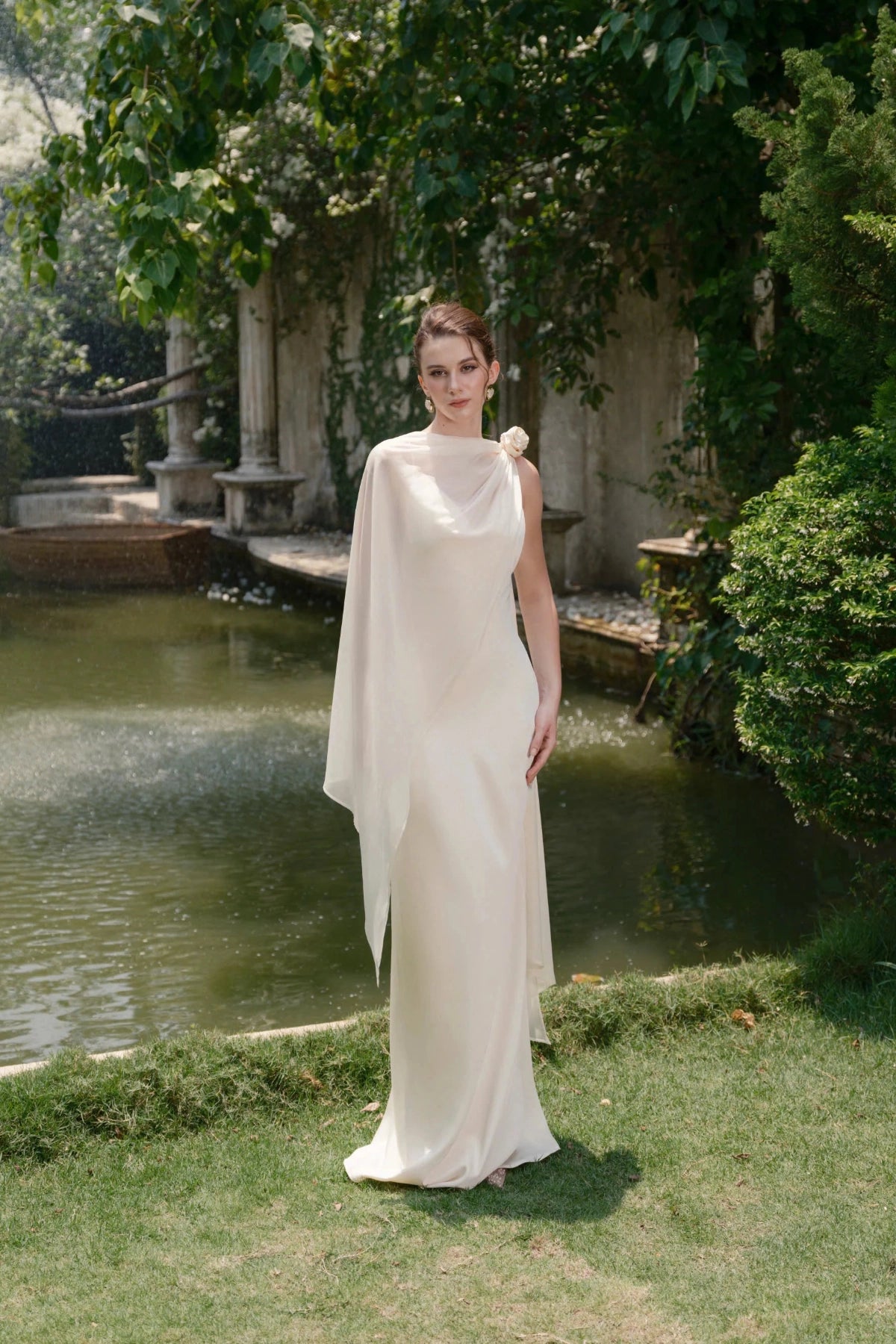 Elegant Sheath One‑Shoulder Sleeveless Cross‑Back Floor‑Length Wedding Dress