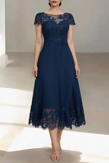 Modest A-Line Bateau Short Sleeve Zip Back Midi Mother Of The Bride Dress
