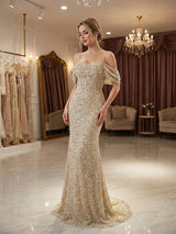 Champagne Off Shoulder Spaghetti Strap Sequin Mermaid Long Prom Dress With Train