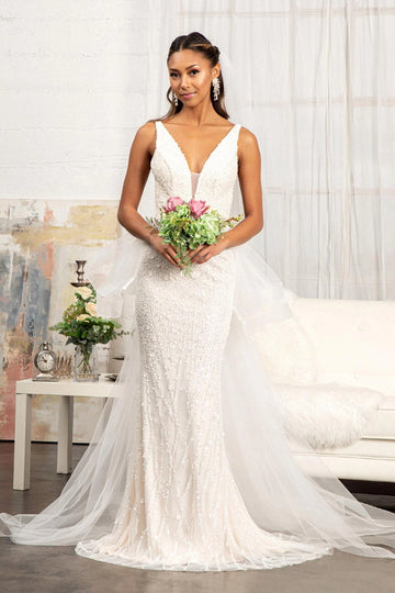 Vedress spaghetti strap beaded mermaid wedding dress, v neck detachable ruffle tulle overskirt bridal gown with sweep train, front view
