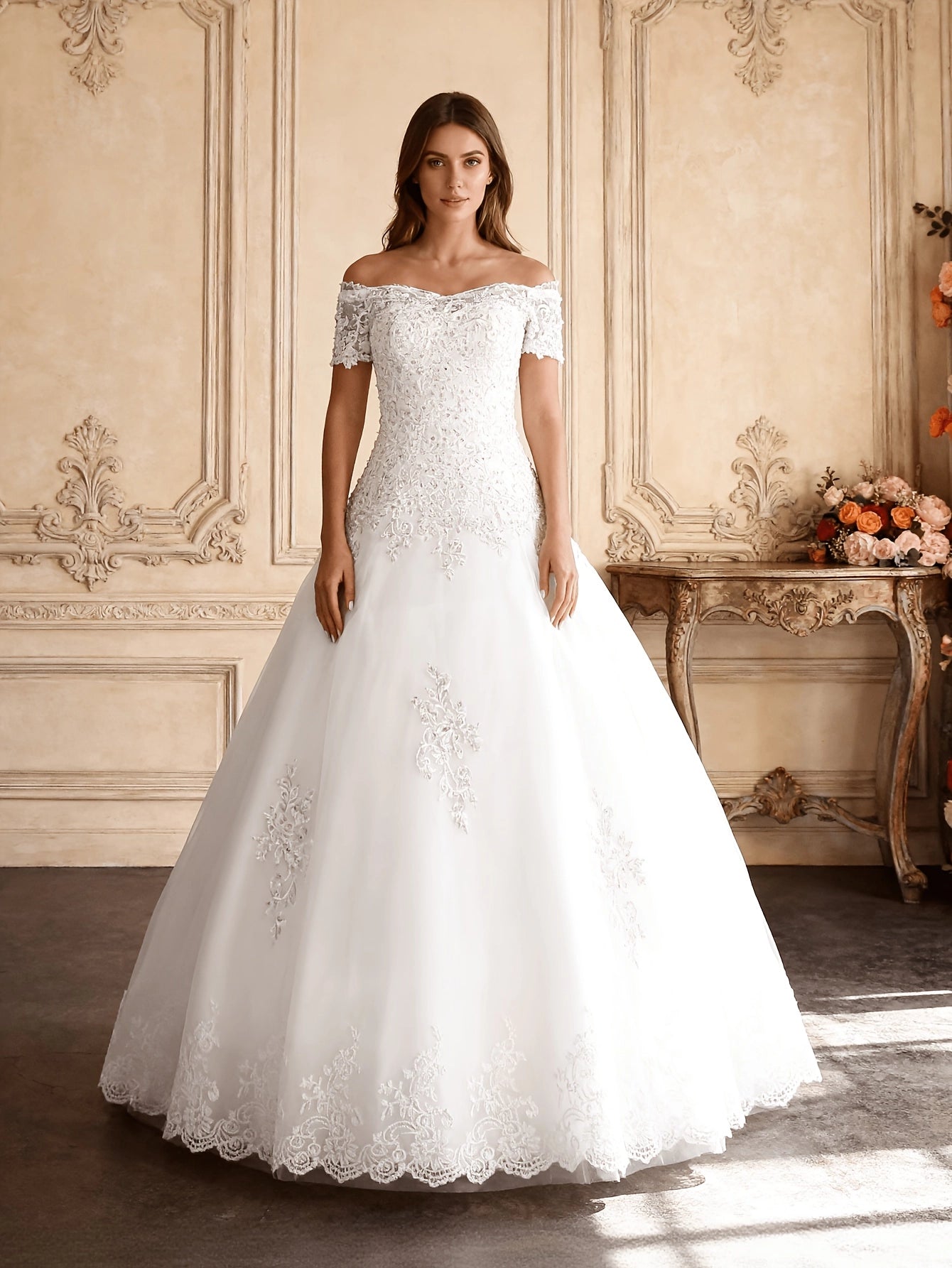Vedress elegant ballgown off shoulder short sleeve lace wedding dress floor length bridal gown with scalloped hem