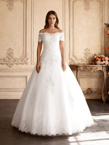 Vedress elegant ballgown off shoulder short sleeve lace wedding dress floor length bridal gown with scalloped hem