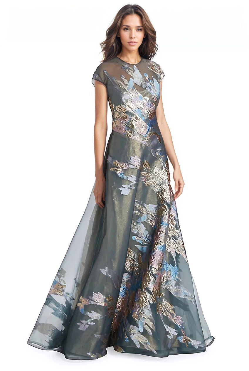 Sophisticated A-Line Round Neck Short Sleeves Classic Back Floor-Length Mother of the Bride Dress