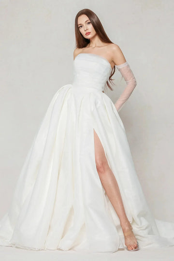 Vedress modern elegant organza strapless ballgown wedding dress detachable tulle long sleeve thigh slit for grand church bride