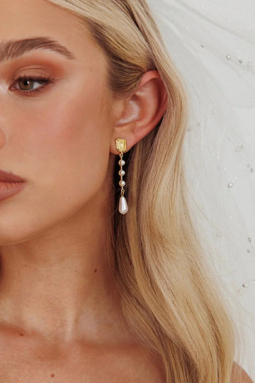 Gold-Tone Pearl Chain Teardrop Drop Earrings
