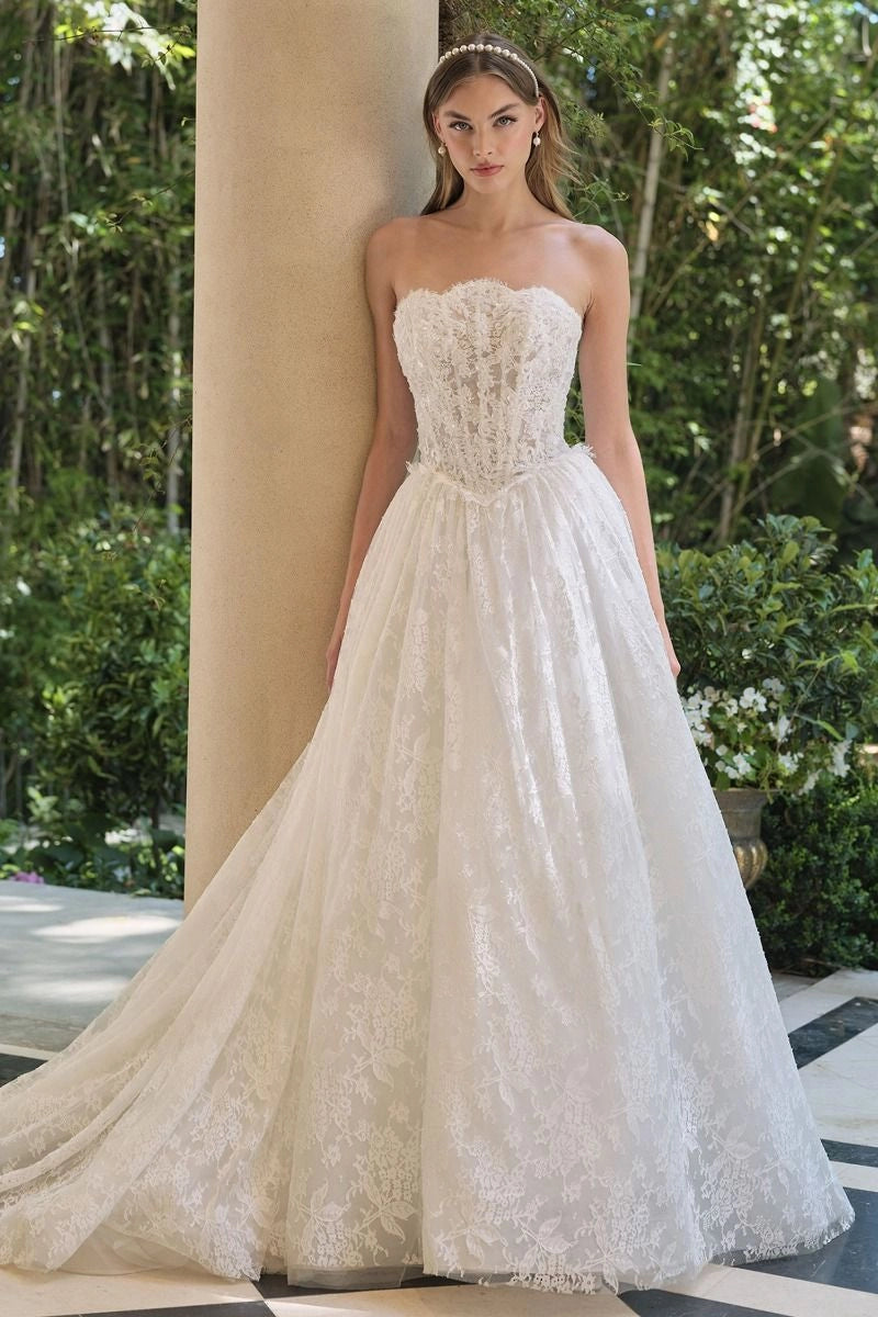 Vedress strapless floral lace a-line wedding dress, scalloped neck corset bridal gown with cathedral train, front view