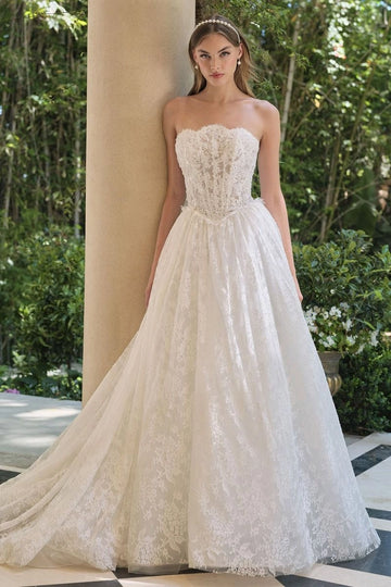 Vedress strapless floral lace a-line wedding dress, scalloped neck corset bridal gown with cathedral train, front view