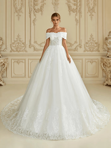 Romantic Ballgown Off Shoulder Short Sleeve Lace Up Back Cathedral Train Bridal Wedding Dress