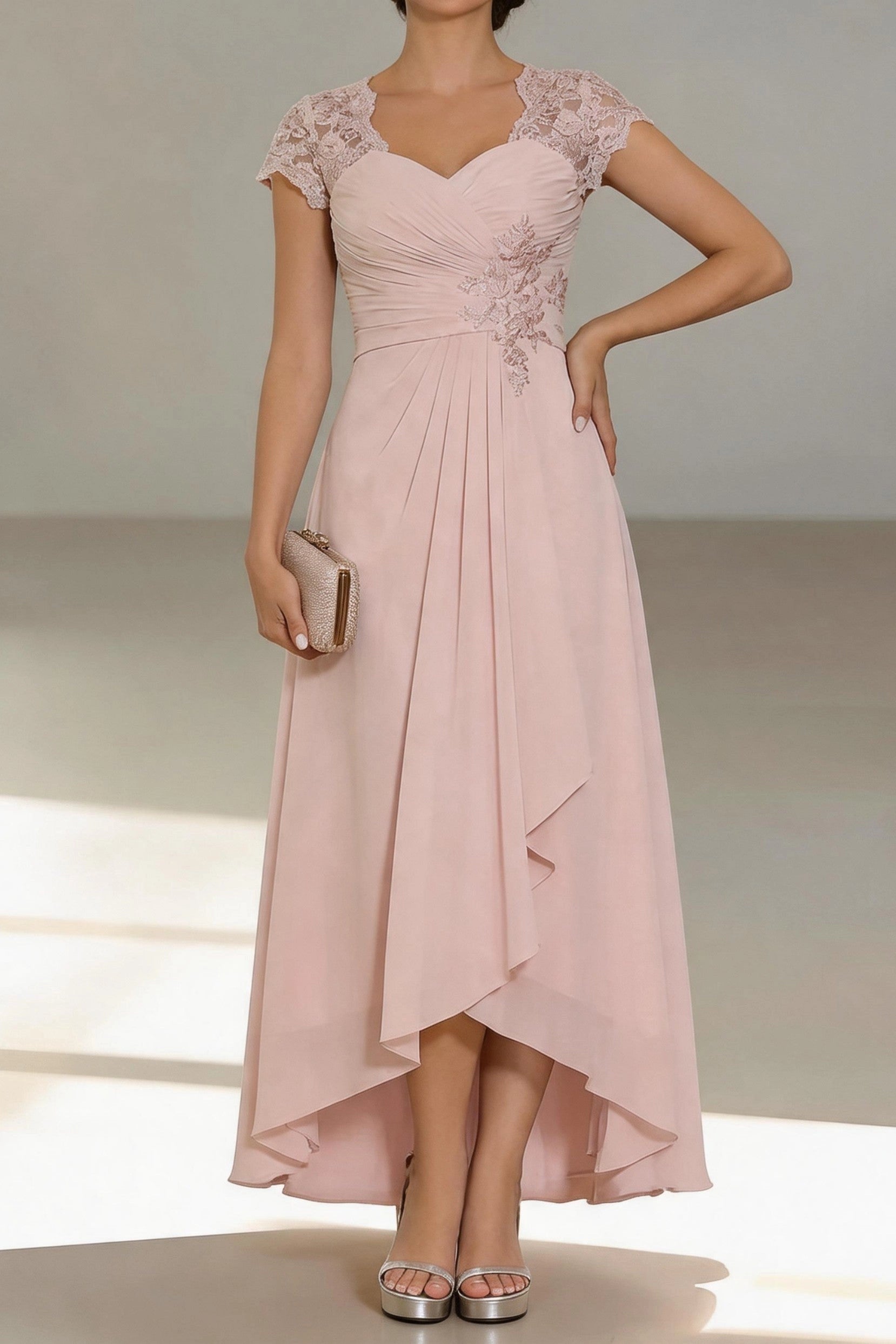 Vedress blush chiffon high low mother of the bride dress sweetheart lace cap sleeve floral applique gown for garden wedding Ascot race day