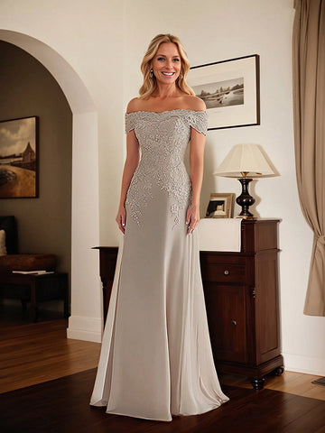 Dusty Gray Off The Shoulder Lace Applique Mermaid Long Mother Of The Bride Dress