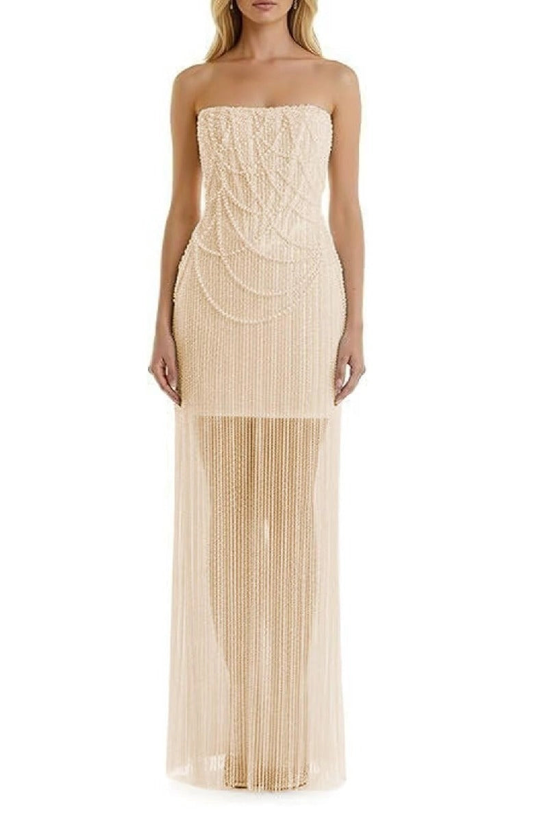 Luxe Sheath Strapless Sleeveless Lace-Up Back Floor-Length Beaded Evening Dress