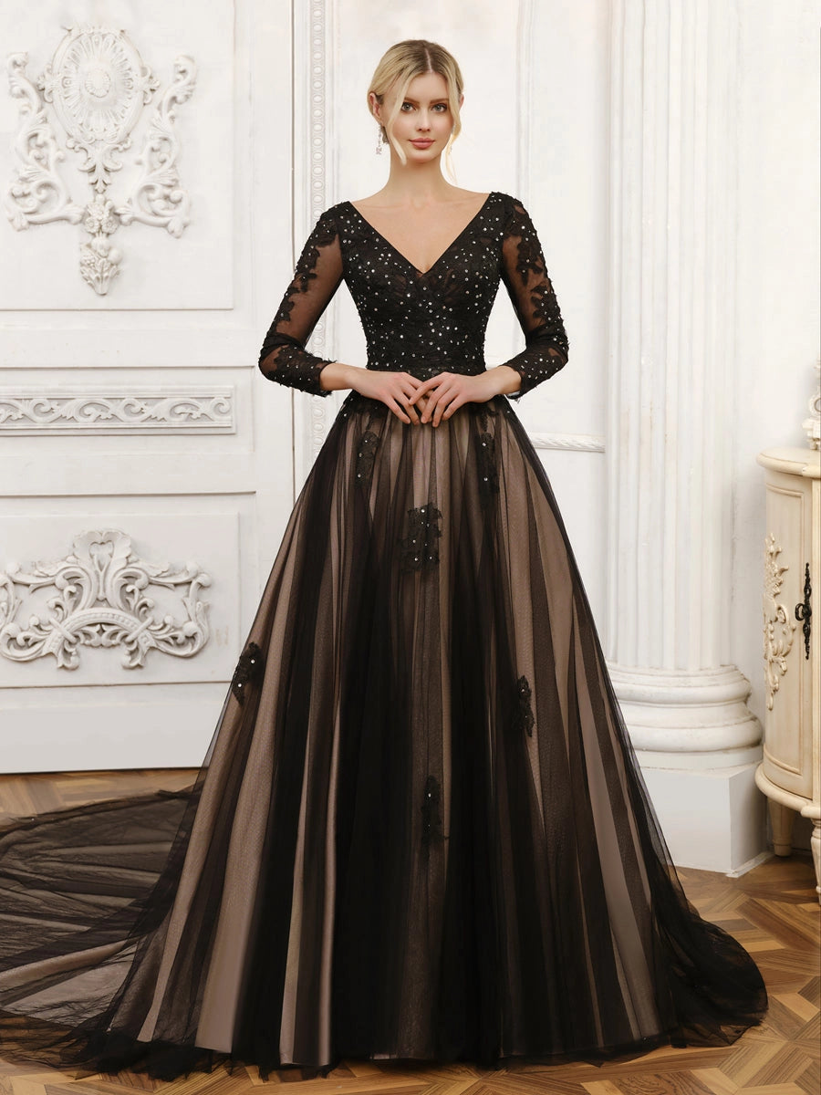 Elegant A Line V Neck Long Sleeve Lace Up Cathedral Train Wedding Dress