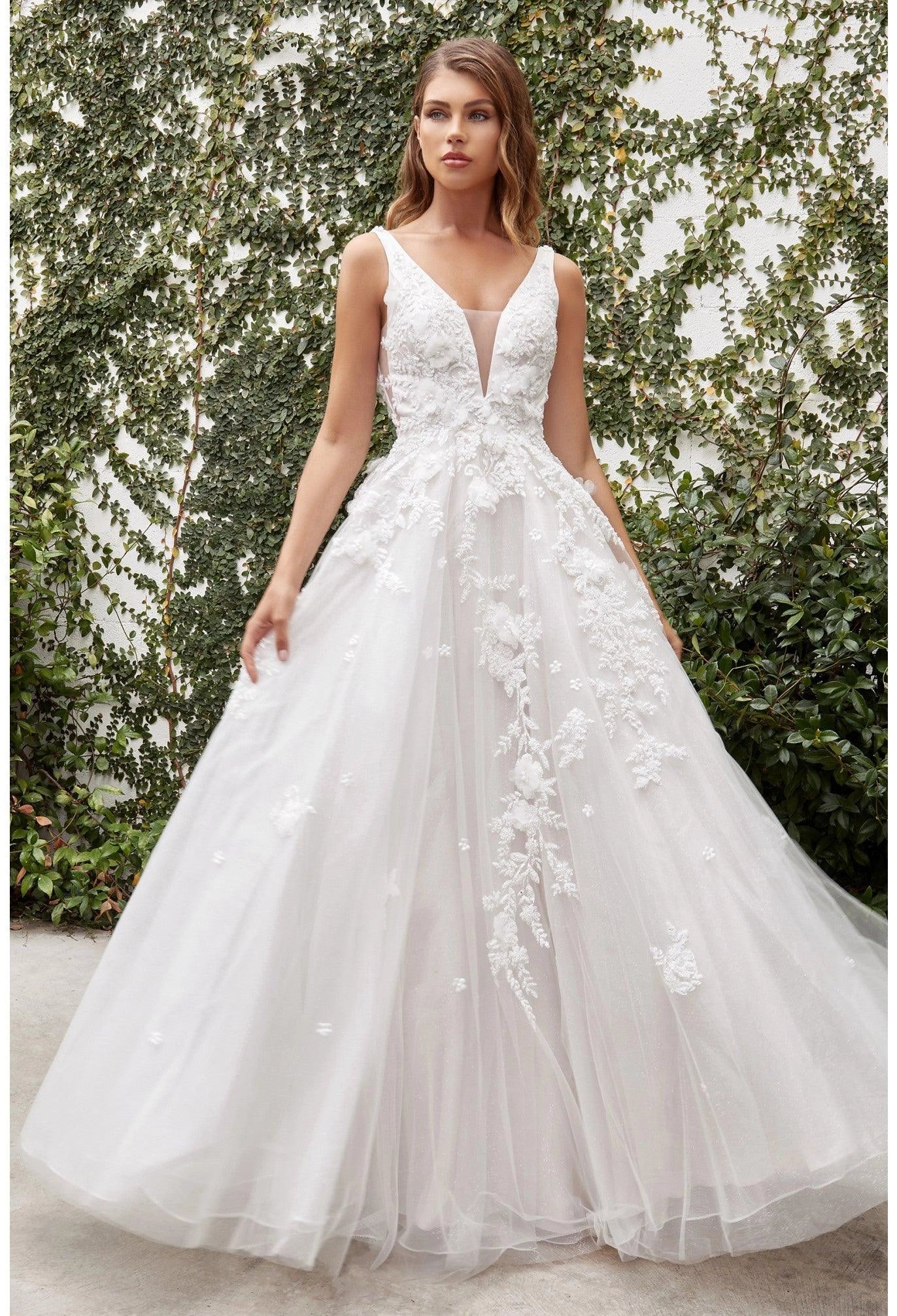Vedress sleeveless 3d floral lace a-line wedding dress, deep v neck glitter tulle boho bridal gown with sweep train, front view