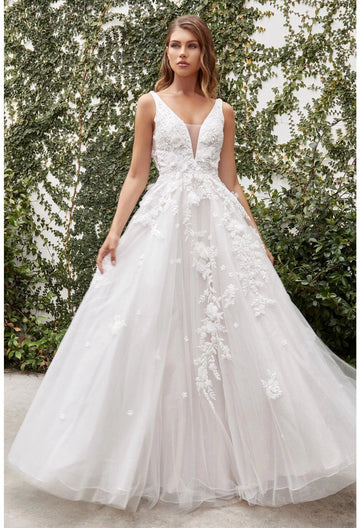 Vedress sleeveless 3d floral lace a-line wedding dress, deep v neck glitter tulle boho bridal gown with sweep train, front view