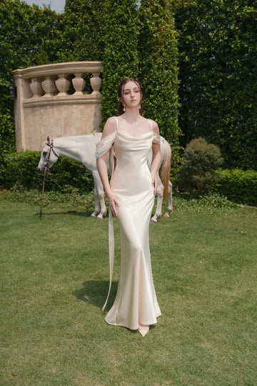 Gorgeous Mermaid Cowl Off‑Shoulder Draped‑Back Floor‑Length Wedding Dress