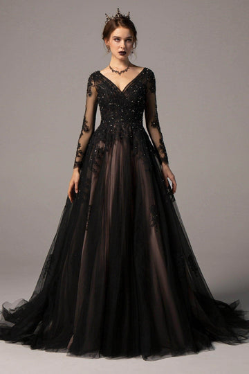 Vedress luxury gothic black lace a line wedding dress long sleeve v neck chapel train for halloween gothic bride prom