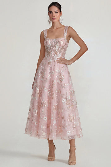 Blush Floral A-Line Square Neck Sleeveless Sheer Corset Back Midi Prom Dress