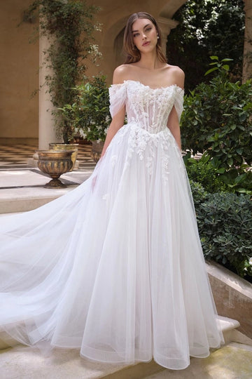 Vedress off shoulder 3d floral lace a-line wedding dress, short puff sleeve sheer corset tulle bridal gown with sweep train, front view
