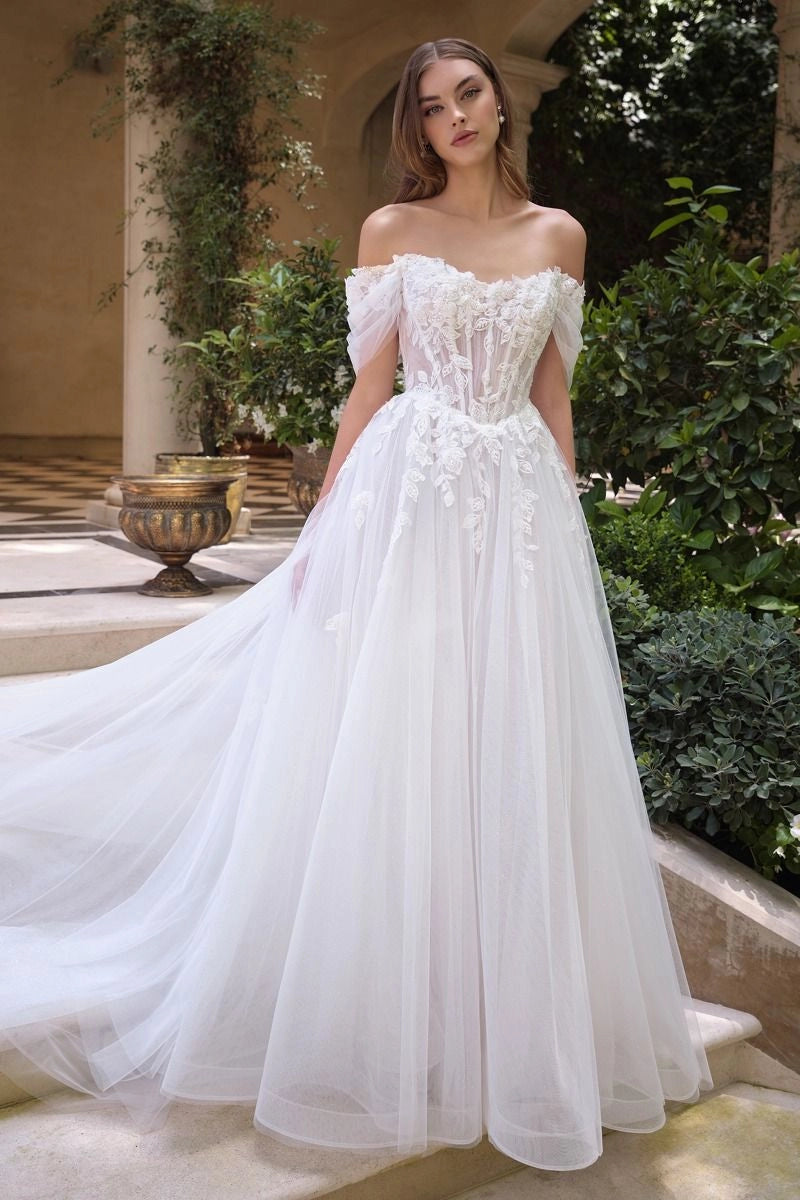 Vedress off shoulder 3d floral lace a-line wedding dress, short puff sleeve sheer corset tulle bridal gown with sweep train, front view