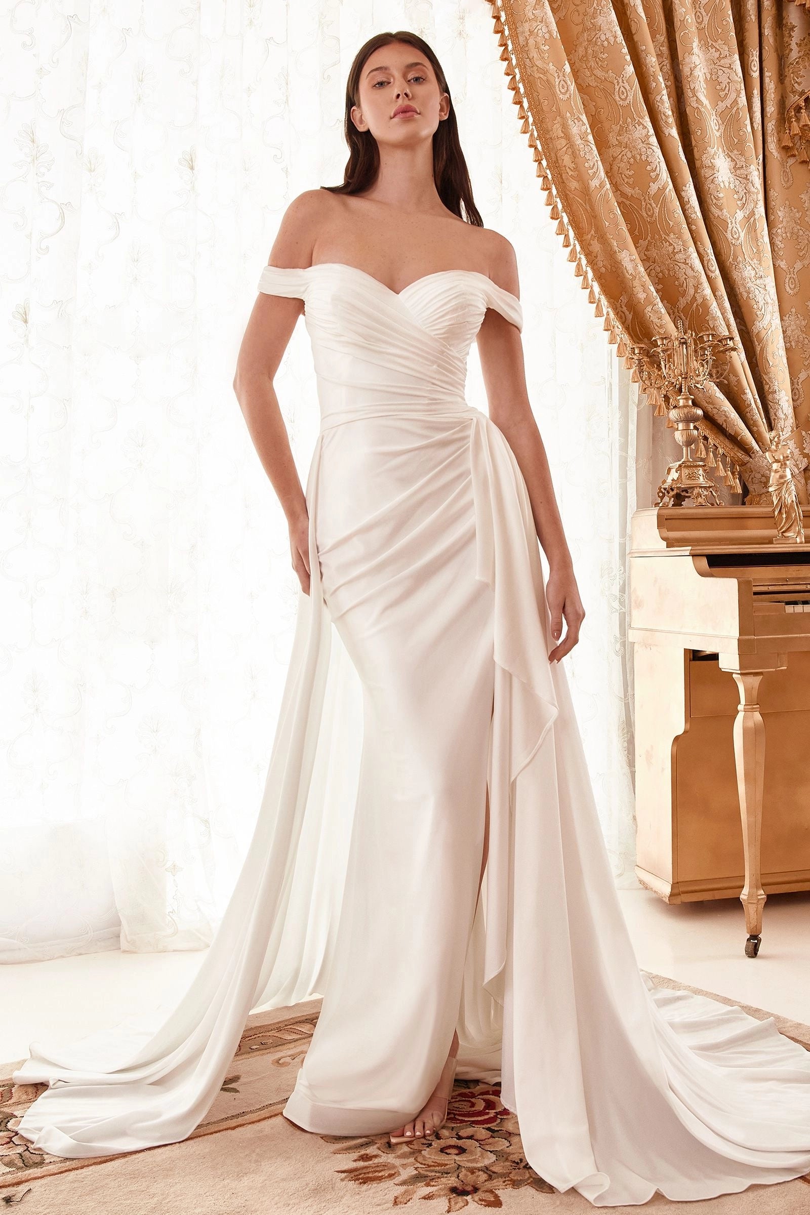 Vedress off shoulder satin mermaid wedding dress, ruched draped high slit minimalist bridal gown with sweep train, front view