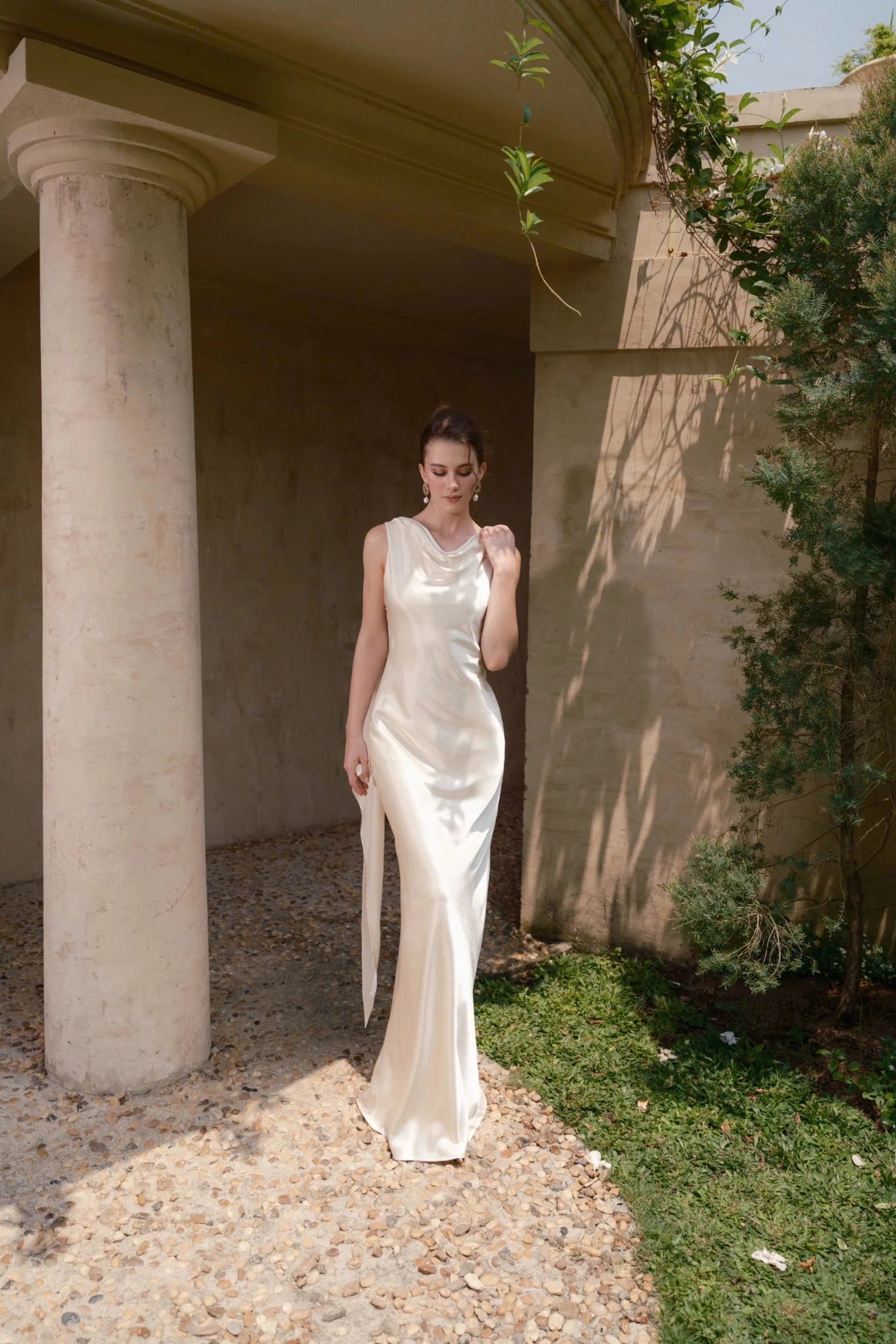 Elegant Mermaid Cowl Sleeveless Cross‑Draped‑Back Floor‑Length Wedding Dress