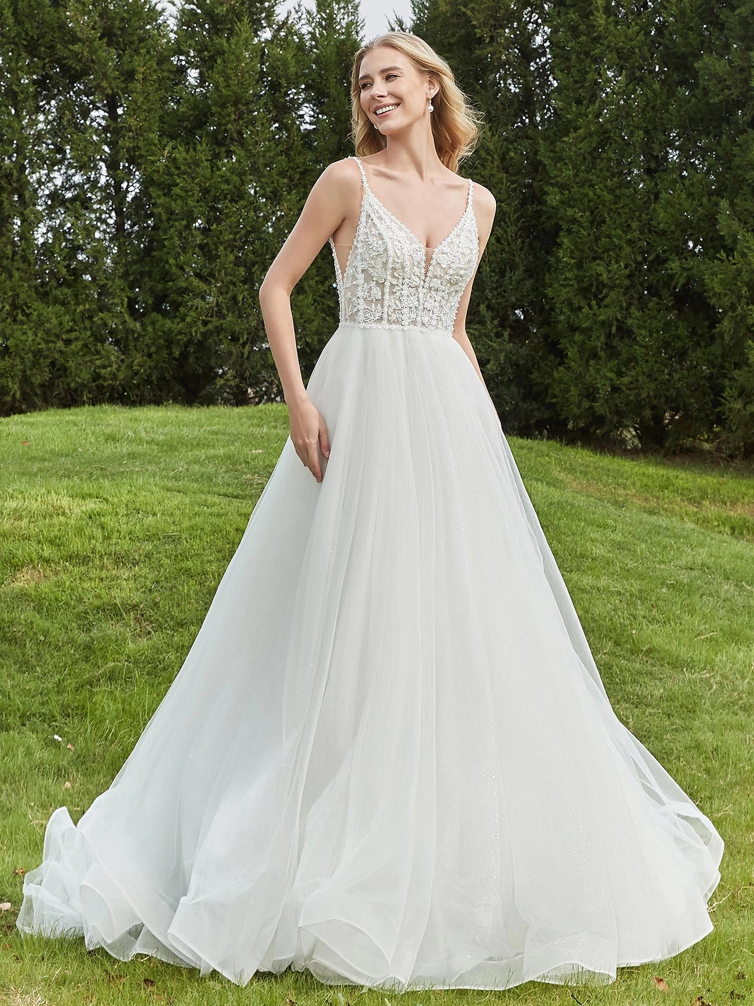 Vedress white sparkly tulle a line wedding dress v neck lace spaghetti strap illusion bodice gown with train for garden forest beach wedding