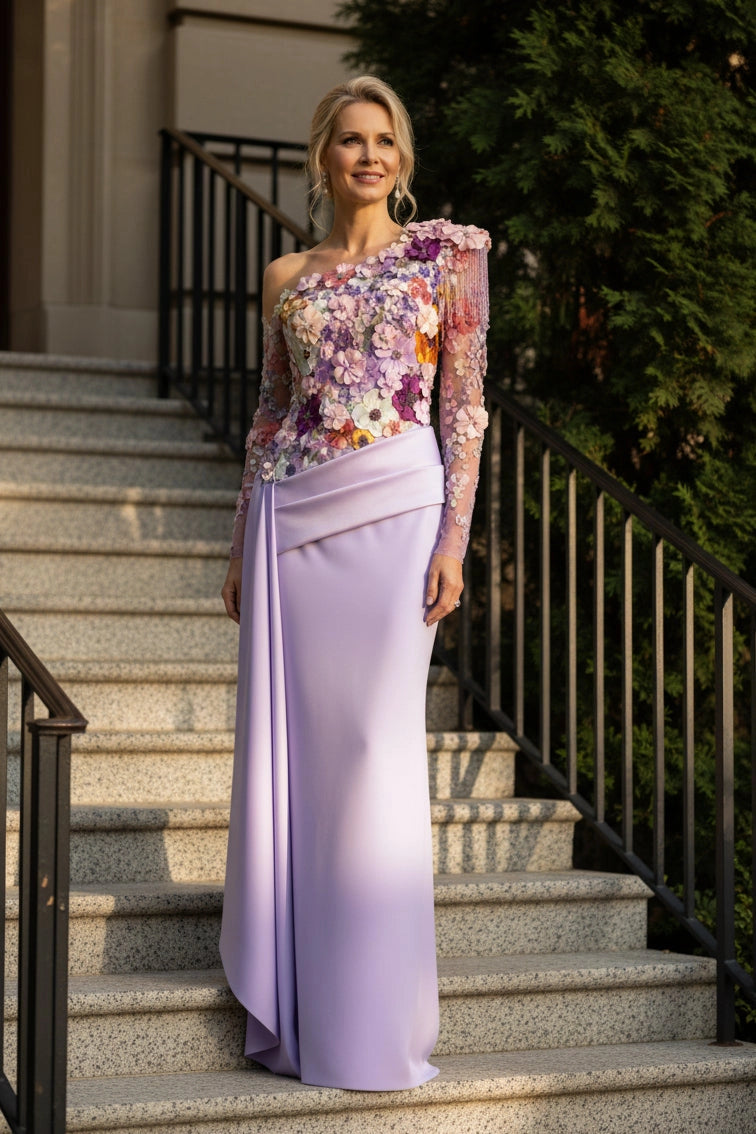 Lavender Mermaid One Shoulder Long Sleeve Open Back Mother of Bride Dress