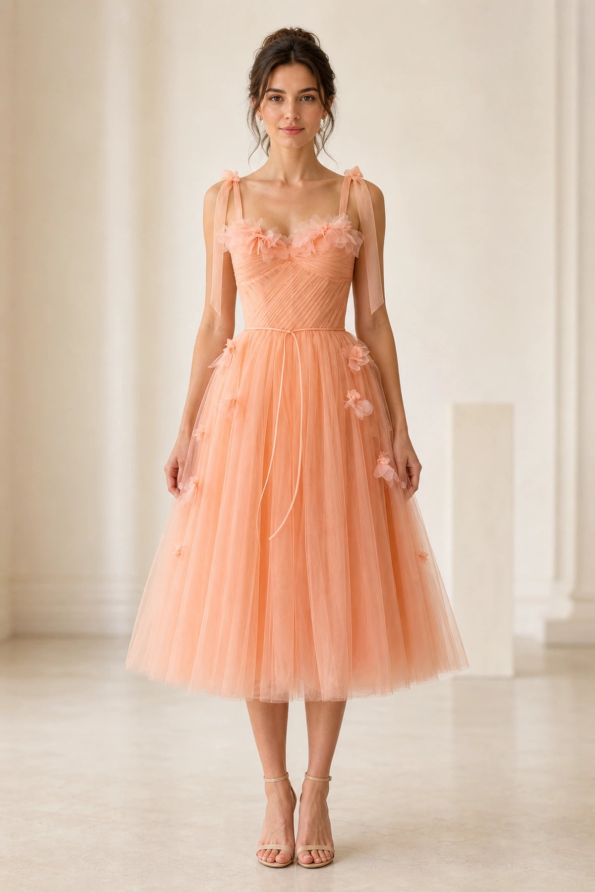 Peach A-line Spaghetti Strap Sleeveless Lace-up Back Midi Prom Dress