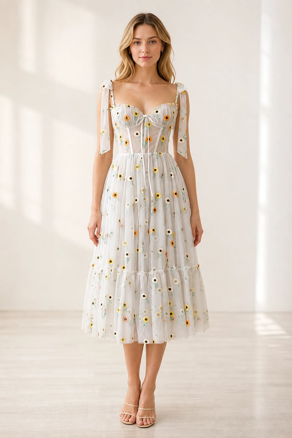 Vedress white floral a line tulle midi homecoming dress with bow straps and daisy embroidery