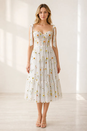 Vedress white floral a line tulle midi homecoming dress with bow straps and daisy embroidery