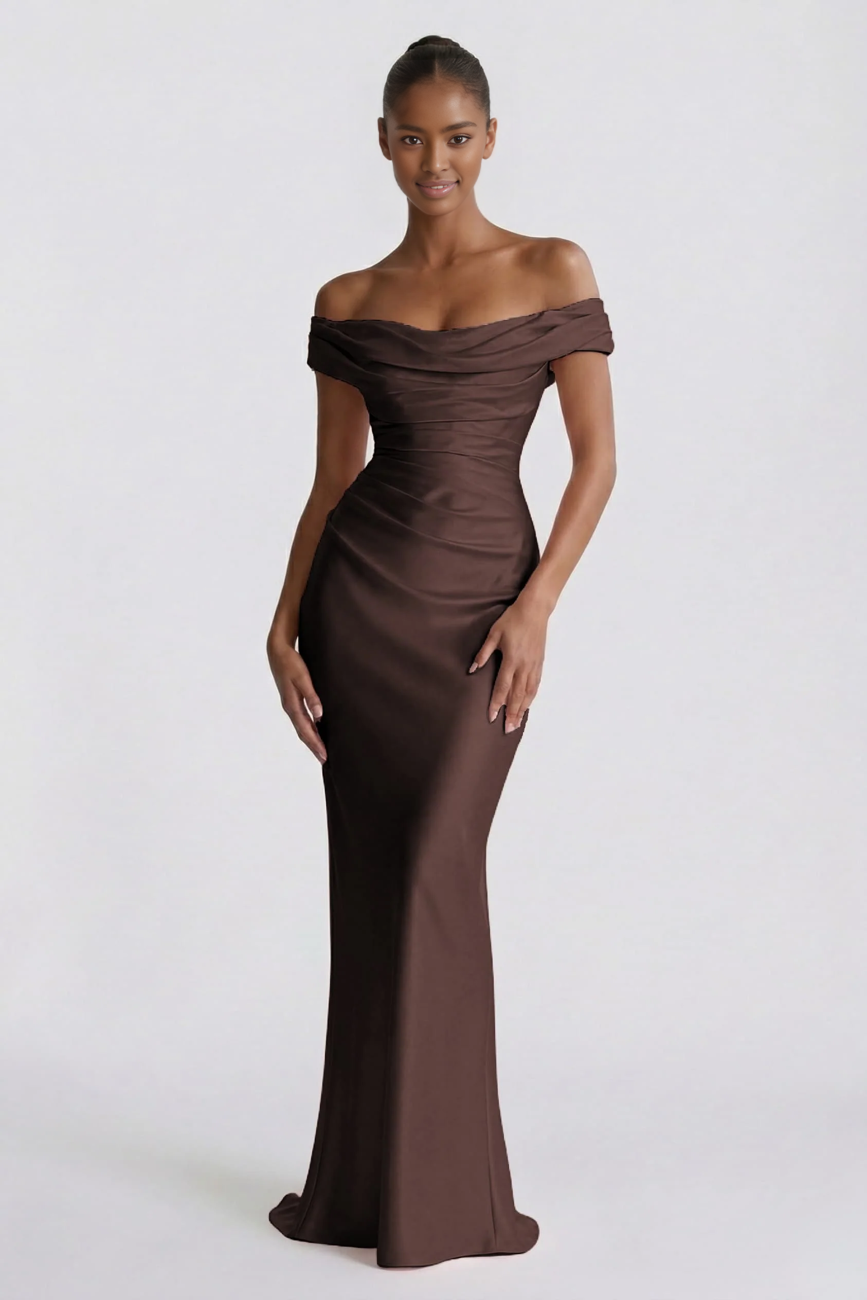 Sheath Off-the-Shoulder Short Sleeve Satin Ruched Lace-Up Evening Dress