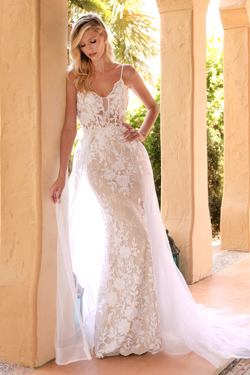 Vedress white lace mermaid spaghetti strap v neck wedding dress with tulle overskirt