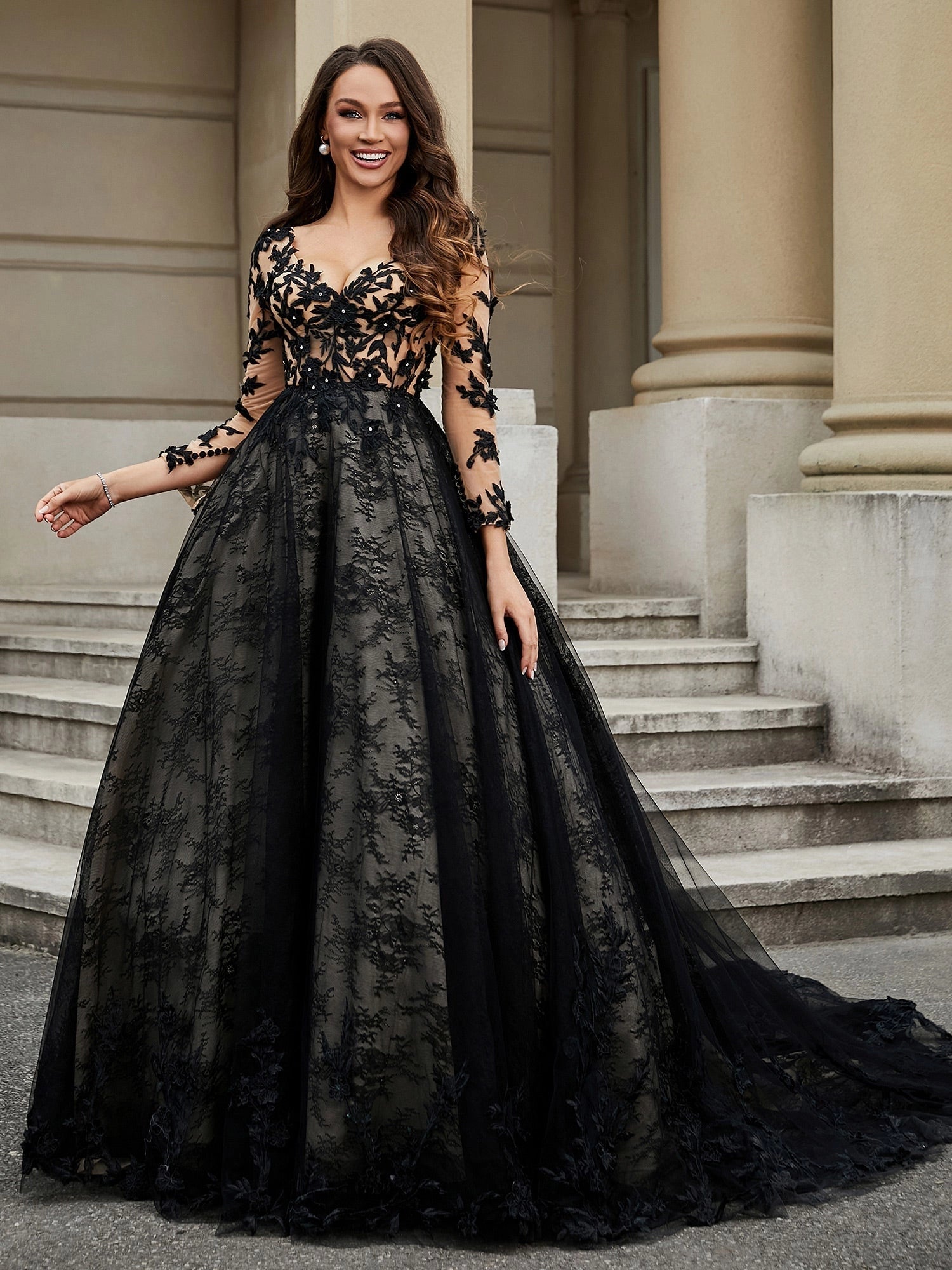 Vedress black lace a line wedding dress long sleeve v neck nude lining gothic gown with cathedral train for dark theme castle elopement wedding